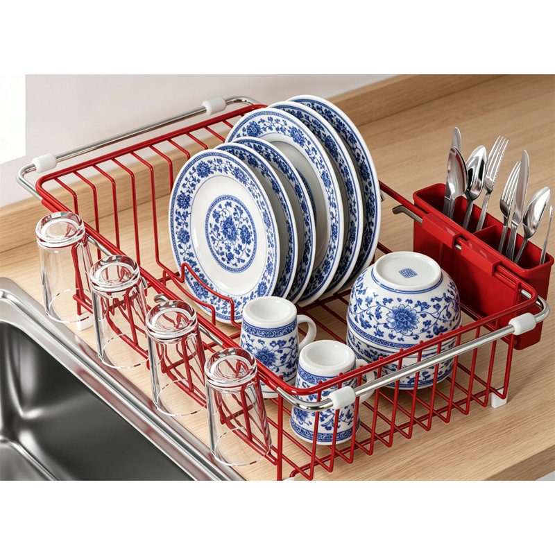 Dish Drying Rack, In Sink Expandable Stainless Steel, Red, Red