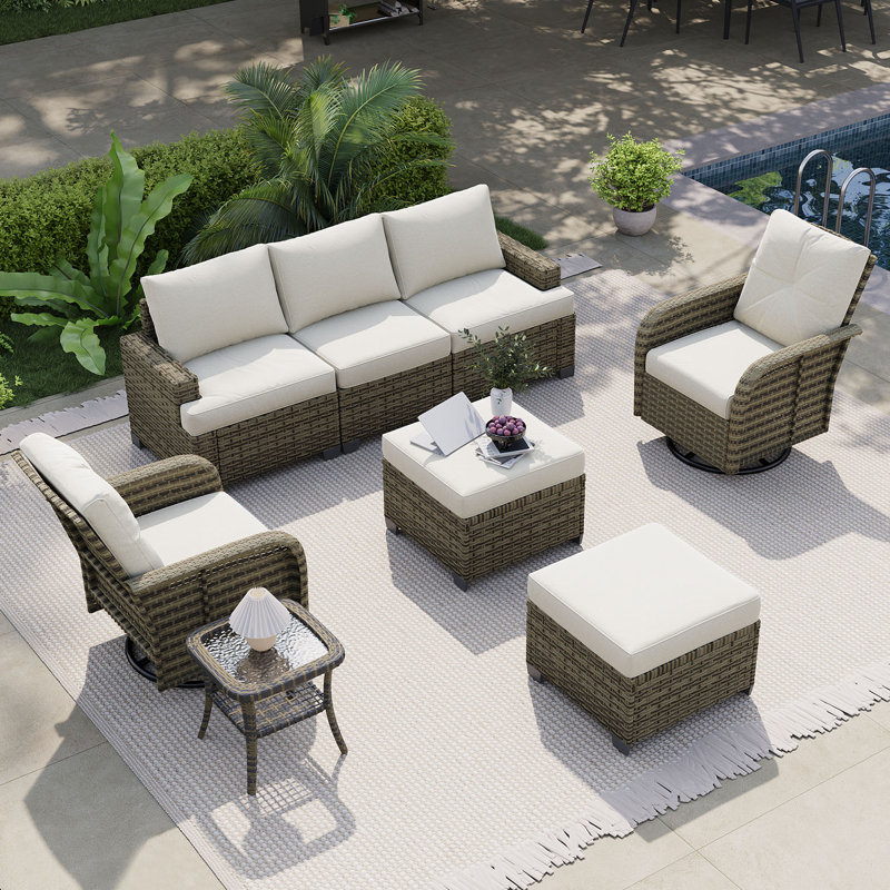 Ensemble de patio en osier tissé à la main 8 pièces avec chaises pivotantes 8 pièces, Beige
