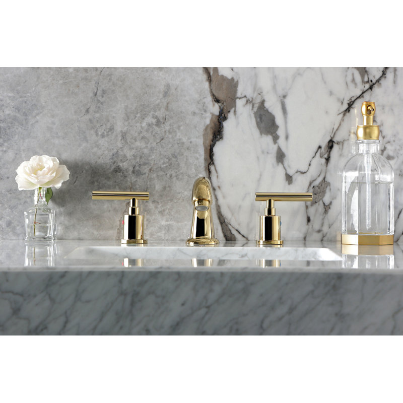 Kingston Brass Manhattan Two-Handle 3-Hole Deck Mount Widespread Bathroom Faucet with Retail Pop-Up Drain, Polished Brass