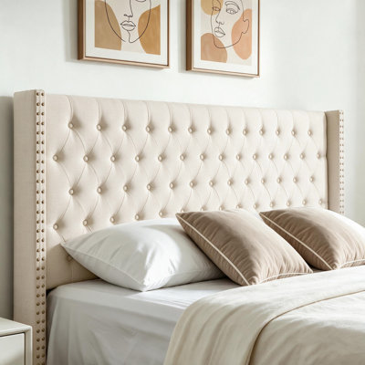 Tufted Wingback Upholstered Headboard with Nailhead Trim