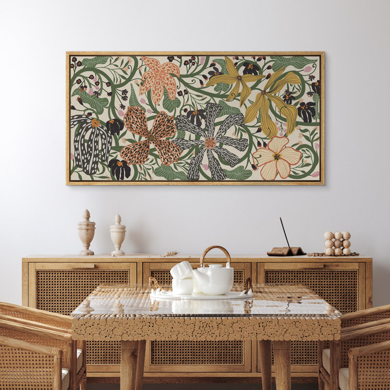 Abstrait art floral botanique vert Mid Century Modern, H 30 po x l 60 po, Naturel