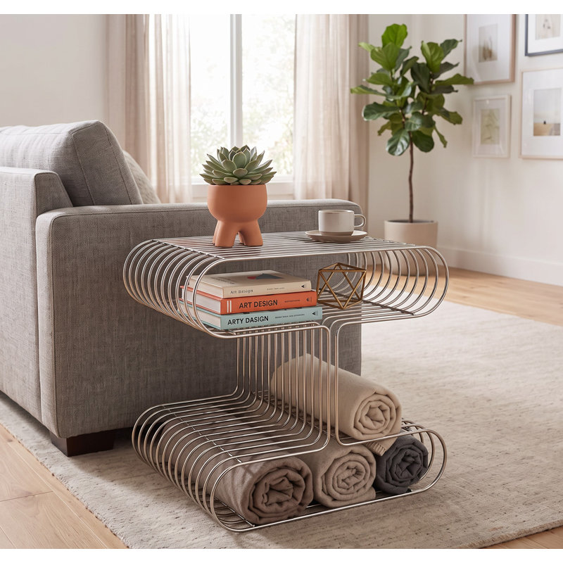 Table d'appoint moderne en métal argenté avec porte-revues, table de bout en forme de H avec tablette de rangement ouverte pour le salon, la chambre à coucher et le bureau