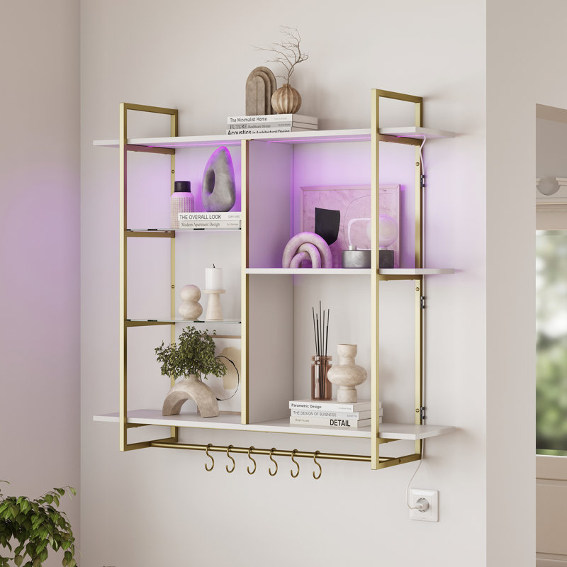Floating Shelves for Wall with Lights and 6 Hooks