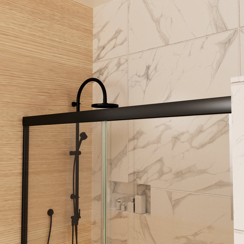 Porte de douche coulissante noire matte avec revêtements Mark 54 "x 72" verre transparent et poignée stable