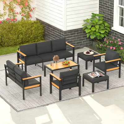 7PCS Patio Furniture Set, All-Weather Outdoor Conversation Set With Coffee Table & 2 Ottomans