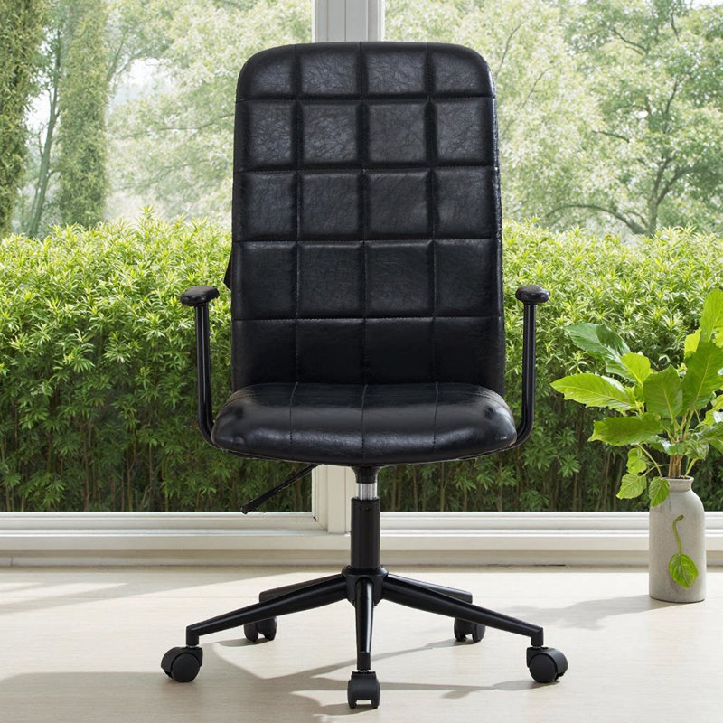 Fauteuil de bureau en polyuréthane à haut dossier - hauteur réglable, pivotement à 360 °, siège en mousse souple, accoudoirs, structure et roues noires - Fauteuil de direction rétro pour bureau personnel, bureau ou espace de travail