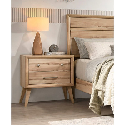 Natural Oak Bedroom Nightstand With 2 Drawers, Mid-Century Modern Classic Piece 2 In For Bedroom, Style Use