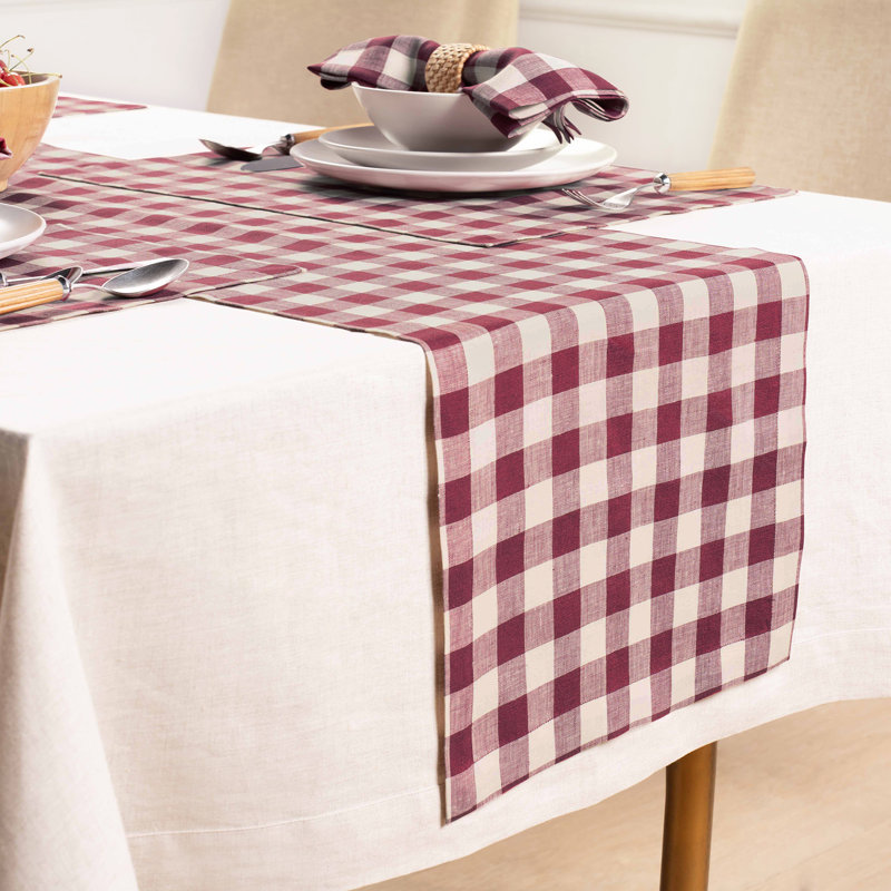 Morgan Check - 100% Pure Linen Table Runner, 36" x 14", Beet/Cream