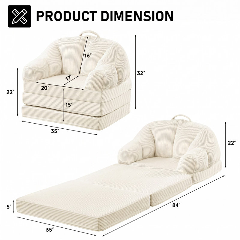 Fauteuil demi-tonneau rembourré d'appoint convertible, Velours côtelé beige