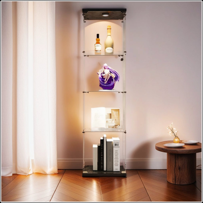 Compact Lighted 4-Shelf Glass Display Cabinet With One Door, For Showcasing Collectibles And Saving Space, Black