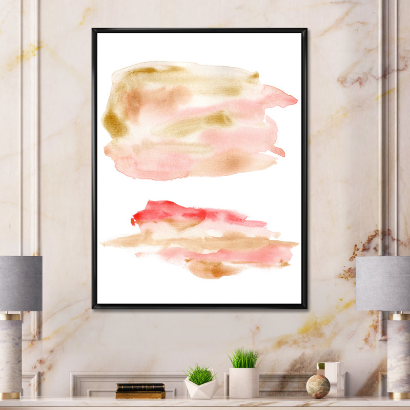Ensemble abstrait avec taches or rose et rouges - Peinture sur toile avec cadre flottant, H 40 po x l 30 po x 1,5 po