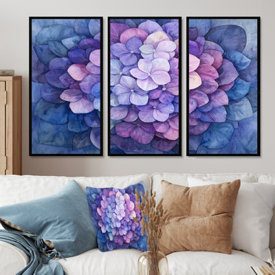 Hortensia à l'aquarelle Mandella de l'encre mauve I - ensemble de 3 hortensias muraux