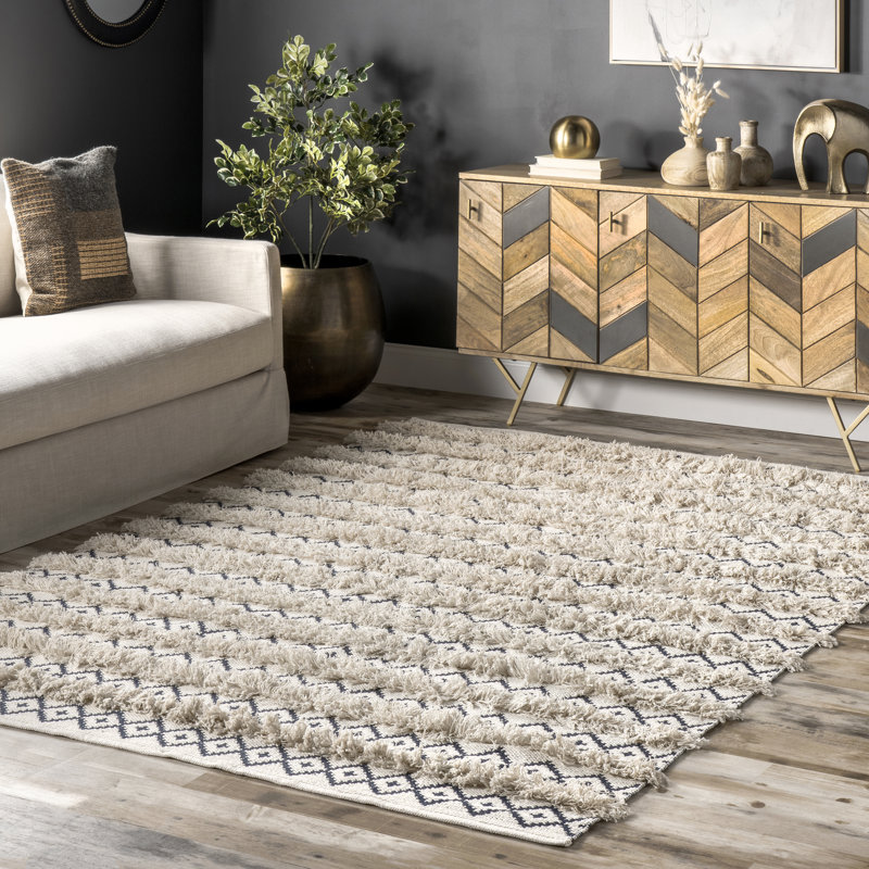 Tapis ivoire / bleu marine en coton touffeté à la main Laurens, Rectangle 4 pi x 6 pi