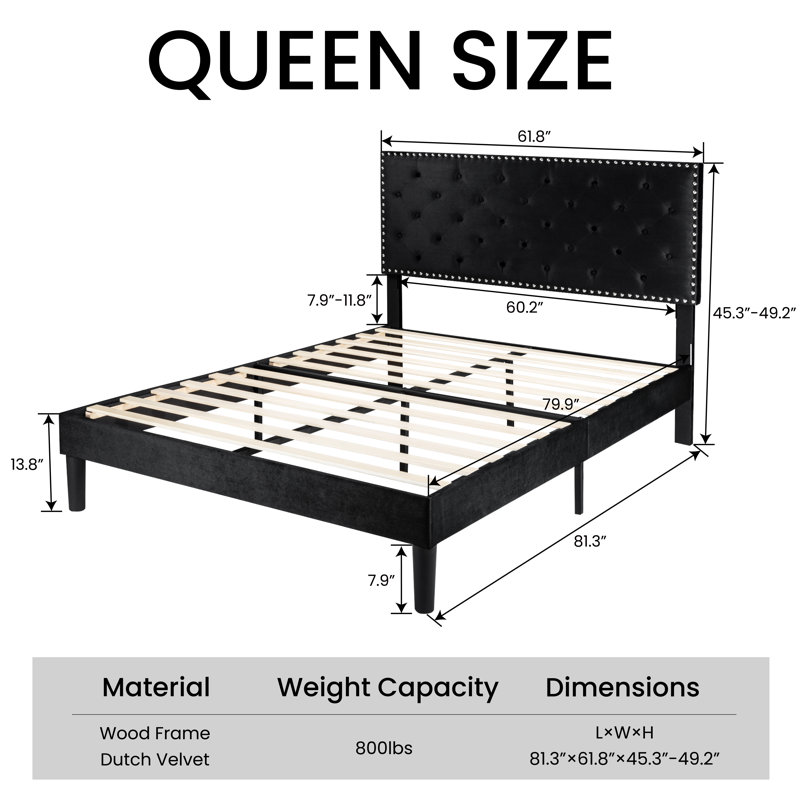 Aleiny Velvet Bed with Adjustable Upholstered Headboard, Black, Queen