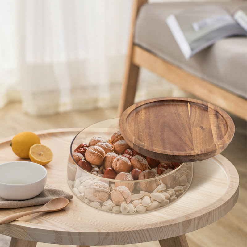 Glass Candy and Nuts Serving Container Food Storage Platter with Wooden Lid, Ivory