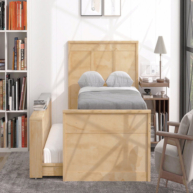 Lit plateforme double en bois avec lit gigogne escamotable et armoire de rangement, Double