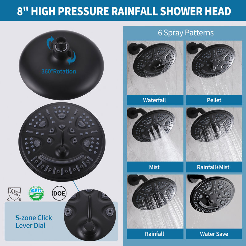 8 Inch Rain Shower System With 6 Modes Top Head & 8 Modes Handheld Shower - High Pressure Brass Valve, Matte Black