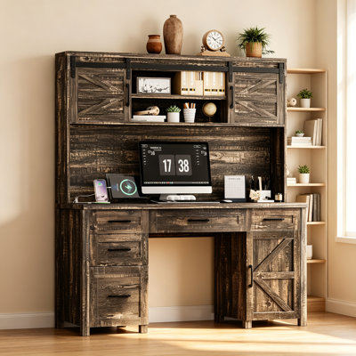 Farmhouse Executive Desk with Hutch and Charging Station, Computer Desk with 2 Sliding Barn Doors, 5 Drawers & Storage Cabinet with 3-Position Adjusta
