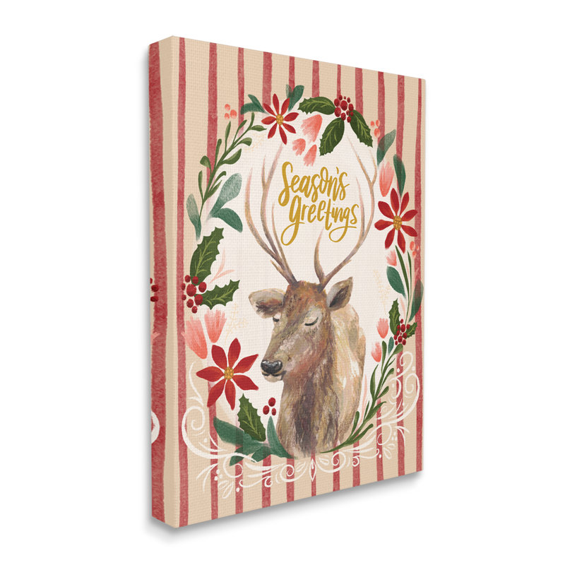 Portrait de rennes doux avec couronne de fêtes Seasons Greetings, H 48 po x l 36 po, Toile tendue