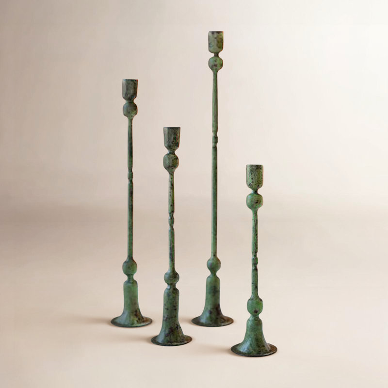  Decorative Forged-Iron Candle Holders Green Patina, Set of 4, 19" H