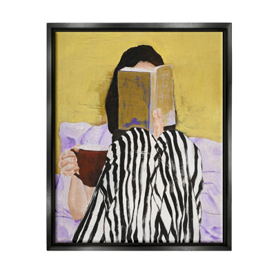 Girl Reading in Bed Black Framed Floater Canvas Wall Art by Design Fabrikken