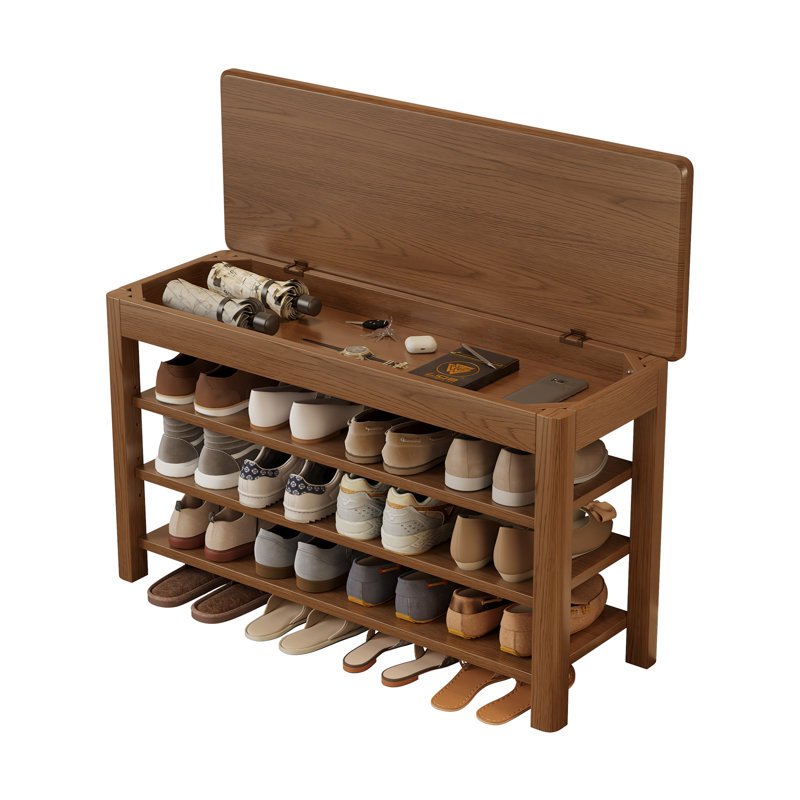 Banc d'entrée en bois massif avec rangement relevable et 3 tablettes à chaussures Addisin, L 39,37 po