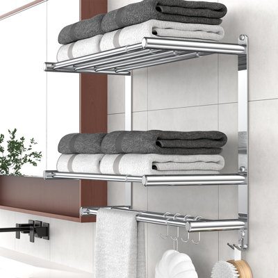 Bathroom Towel Rack With Shelf And Towel Bar, 2-Tier Expandable (16.9 To 28 Inches) SUS304 Stainless Steel, Wall Mounted Or Adhesive, 4 Sliding Hooks Rust Resistant, Rounded Corners, Side Guards