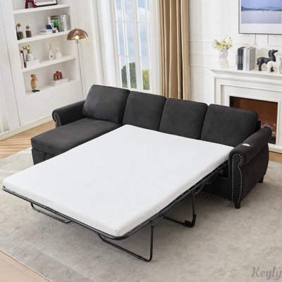 [NEW ARRIVED] [VIDEO PROVIDED] 106.5" Pull Out Sofa Bed,L Shaped Modular 4 Seater Couch,2-in-1 Sofa Bed,Wireless Charging , USB Charging Ports,Memory Foam Mattress,Storage Space, Flannelette,Green