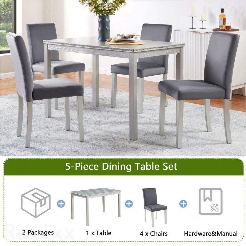 Ensemble de salle à manger 5 pièces en bois: table rectangulaire et 4 chaises rembourrées, décoration en cristal, Gris, Gris