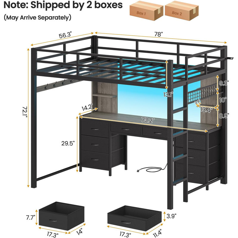 Loft Bed With Desk And Charging Station, Metal Loft Bed With 8 Drawers Storage And Led Lights, 4 Open Storage Shelves,, Full