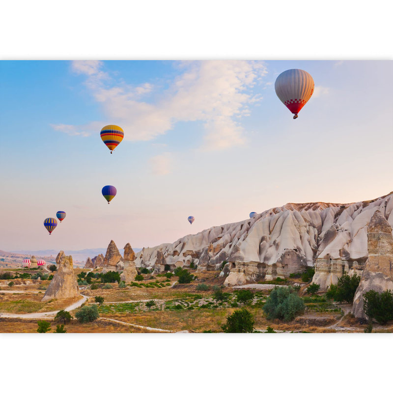 Hot Air Balloon Flying Over Rock Landscape at Cappadocia Turkey Self-Adhesive Large Wallpaper, 100" L x 144" W
