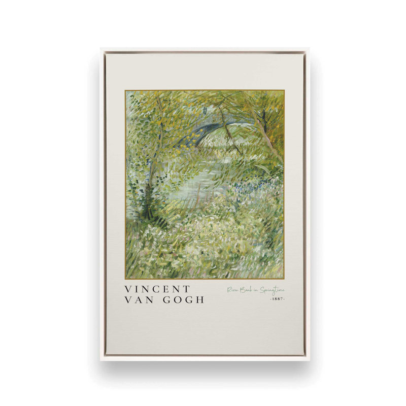 Van Gogh's River Bank au printemps v3, H 36,75 po x l 24,75 po, Cadre flottant blanc opaque