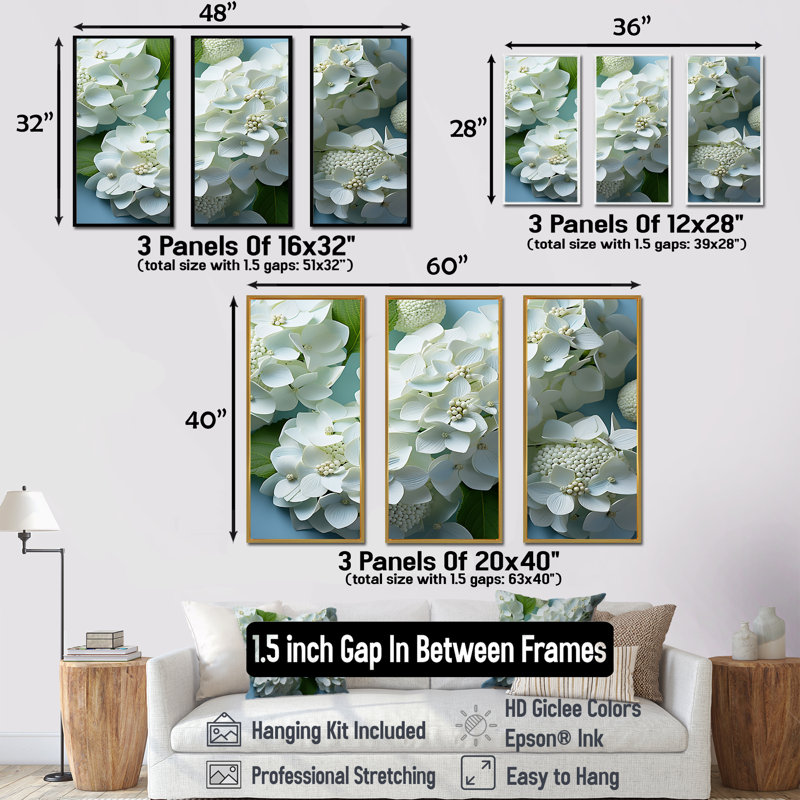 «Soft Neutral Tones Portray Hydrangea Blooms I», ensemble d'art mural hortensia, H 28 po x l 36 po x P 1 po