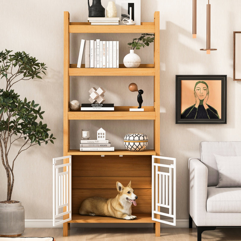 Modern 2 IN 1 Dog Furniture Dog Crate Ladder Bookshelf, Tall Wood Display Shelf  With Storage, Dog Kennel Bookcase For Small-Sized Dogs Up To 50Lbs, 32.5"L