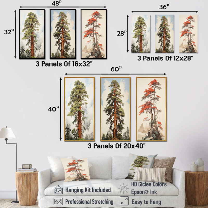 Redwoods Rise Solitude Landscape - Ensemble de 3 reproductions sur toile de séquoia, Cadre flottant noir, H 32 po x l 48 po
