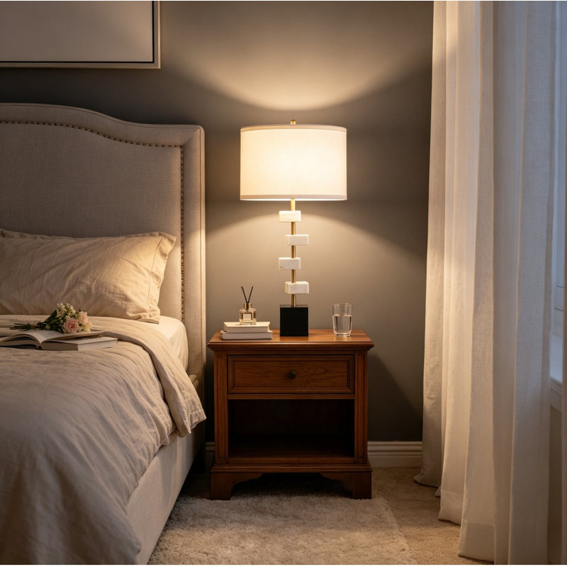 Transitional Marble Table Lamp with Drum Fabric Shade, Decorative Lighting for Living Space