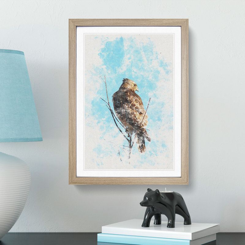 Hawk Perched In A Tree Watercolour - Picture Frame Graphic Art, 33cm H x 24cm W x 2cm D, Oak Framed
