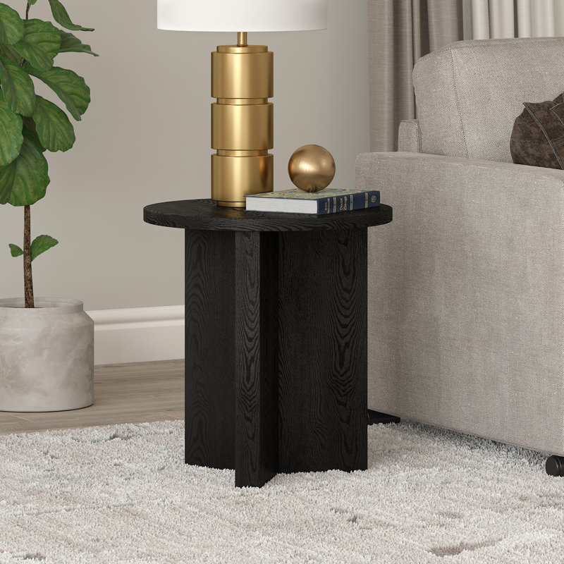 Potbelly 20" Round Side Table with Cross Base in Black Grain | Mid-Century Modern Accent Table for Living Room or Bedroom