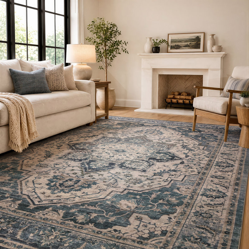 Tapis bleu marine antidérapant rétro, 5 pi x 7 pi