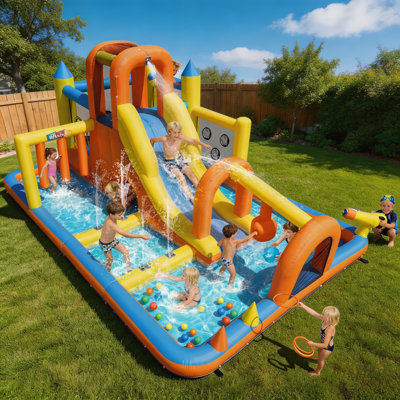 Parc aquatique gonflable de 15,7 pi avec centre d'activités 10-en-1, glissades doubles, mur d'escalade et souffleur certifié UL pour les enfants de 3 à 12 ans
