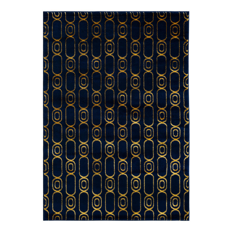 Latitude Run® Column Novica Rug Navy Blue and Gold, Rectangle 5'3" x 7'1"