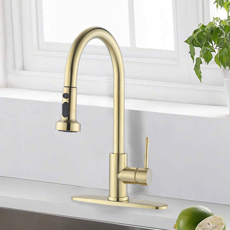 Stainless Steel Pull Down Kitchen Faucet With Soap Dispenser In Brushed Gold Finish - Scratch, Rust, And Spot 360-Degree Rotatable Spout Vigorous Spray Function 1.8Gpm Flow Rate To Scratches, Spots