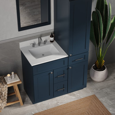 40" Freestanding Single Bathroom Vanity with Right Tall Linen Cabinet, Carrara Quartz Top, 3 Drawers