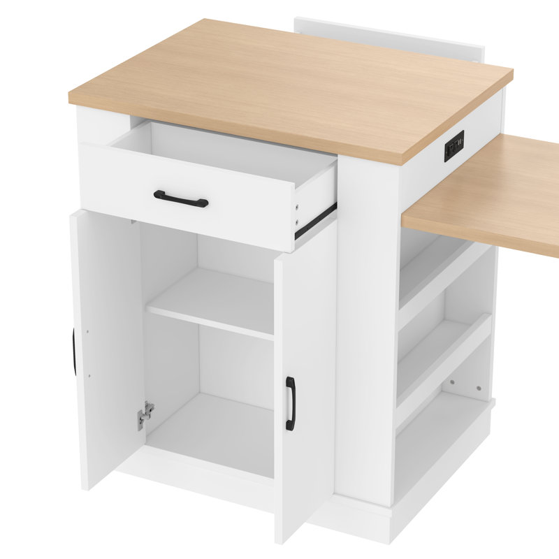 Console d'îlot extensible avec tiroirs, armoire à deux portes et tablettes ouvertes. Sert de table de salle à manger, de bar pour le petit-déjeuner temporaire et de salon de thé l'après-midi, blanc