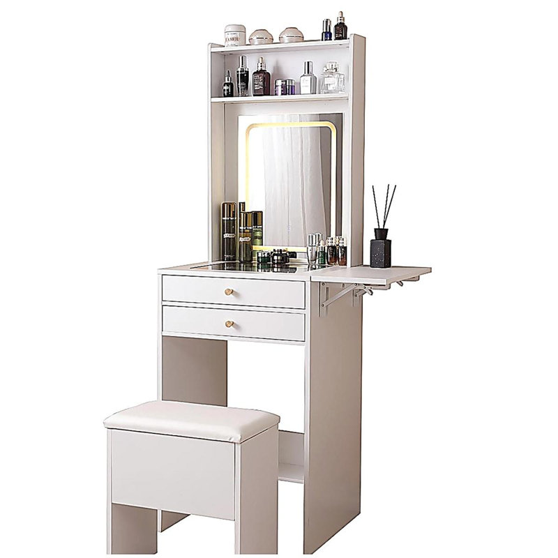 Bureau de coiffeuse avec miroir éclairé, coiffeuse de maquillage avec tiroirs et armoire de rangement pour chambre à coucher, bureau en verre, luminosité réglable à 3 modes d'éclairage, tabouret de rangement