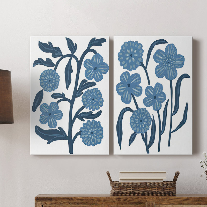 «Blue Folk Florals» - Toile tendue avec châssis de qualité supérieure - Prêt à être accroché