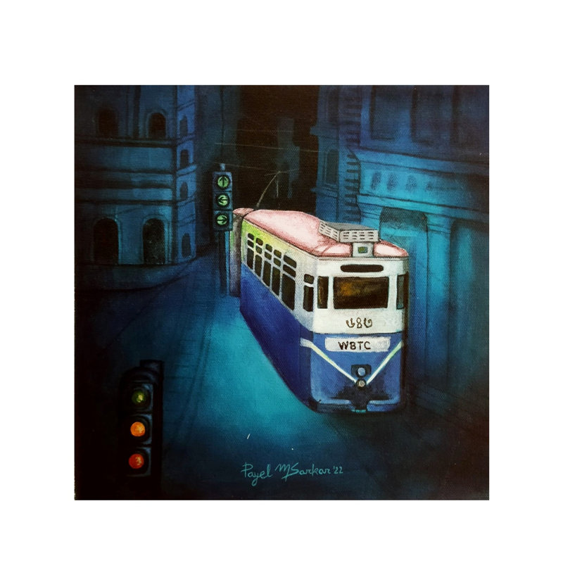 «Kolkata debout train dans la nuit», peinture acrylique sur toile par Payel Mitra