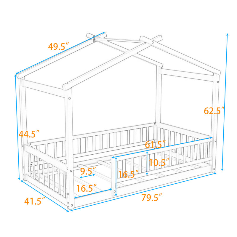 Lit maison en bois Aquille avec clôture et toit, Gris, Simple