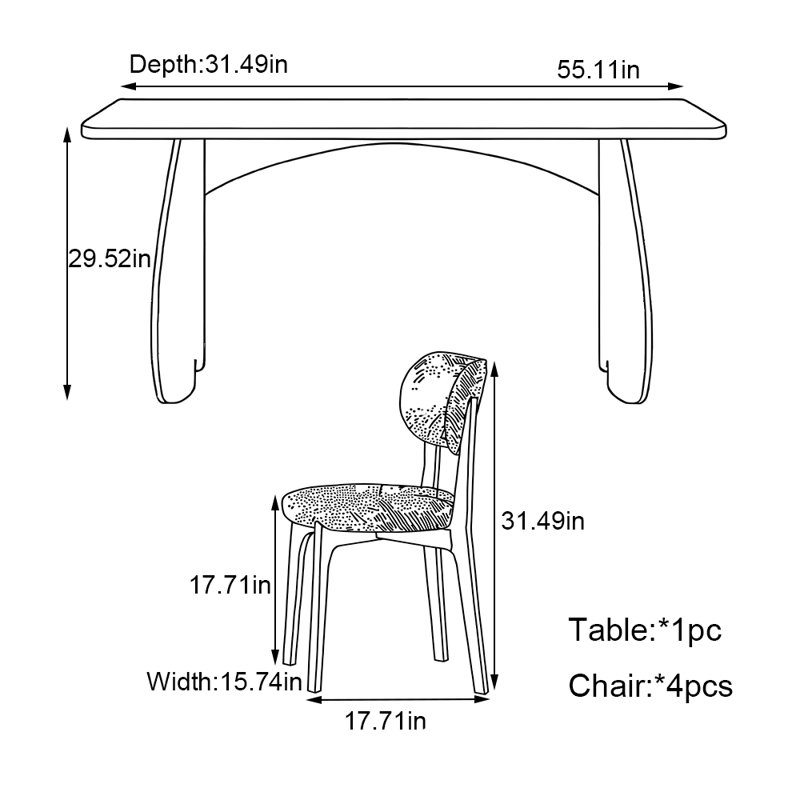 Small rectangular simple modern meal table set, 29.52"H x 55.11"L x 31.49"W