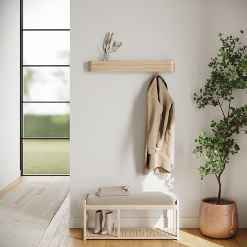 Porte-manteau mural « Toke » - Porte-manteau au design moderne avec crochets muraux dissimulés - Panneau en placage de bois massif - Chêne, blanc